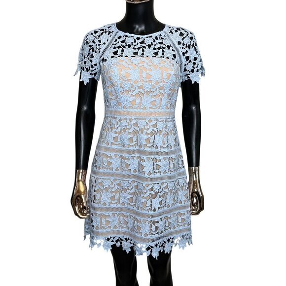 Eliza J Light Blue Floral Lace Short Sleeve Mini Dress 4 Petite Small - Picture 4 of 12